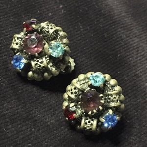 Vintage Ornate Blue/Purple/Red Rhinestone Earrings